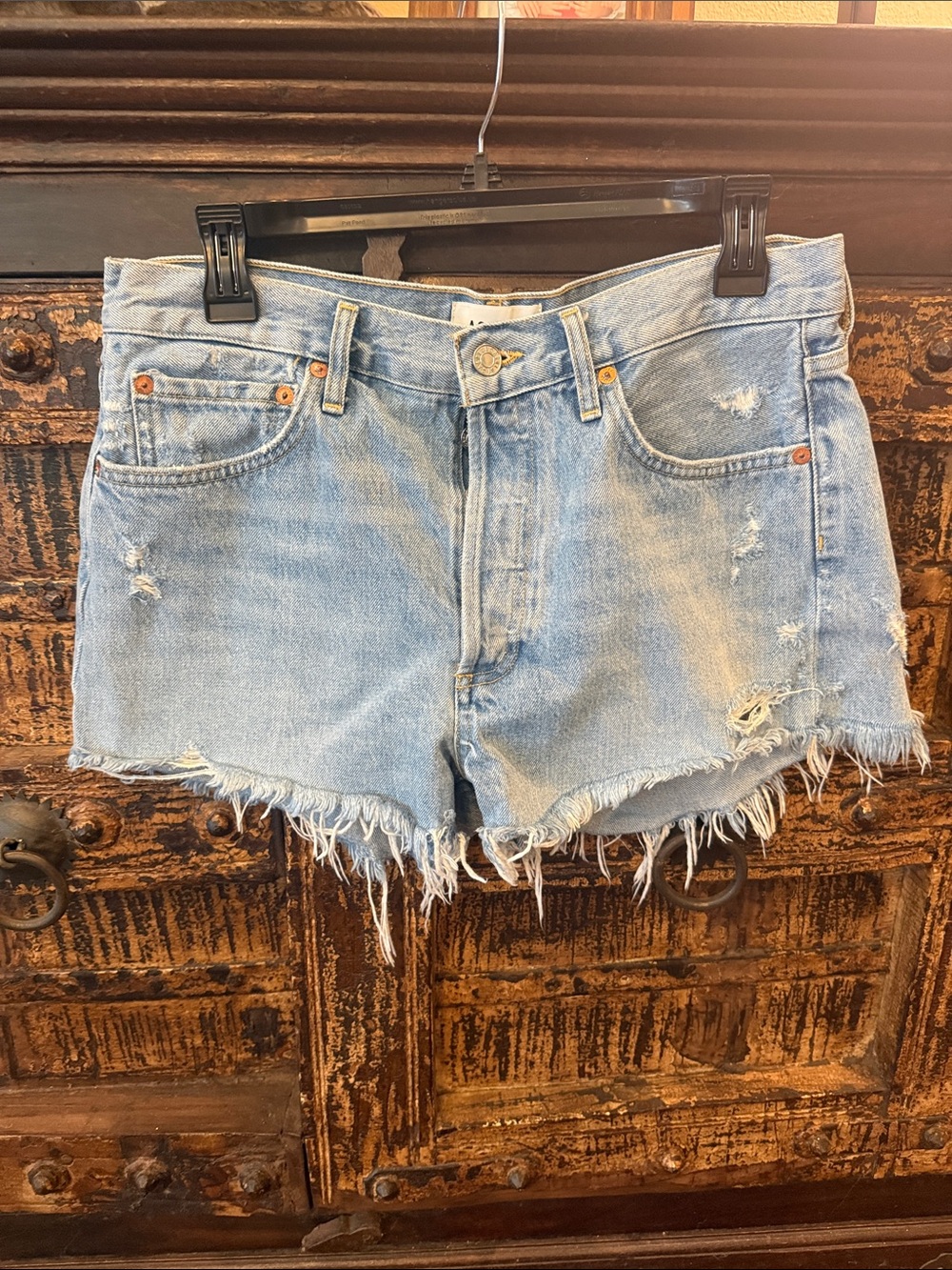 Women’s Agolde Light Blue Distressed Denim Shorts in Swapmeet!